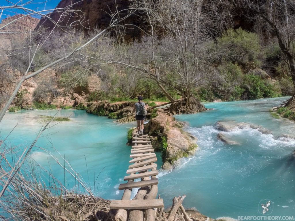 Crossing a footbridge at Havasu Falls