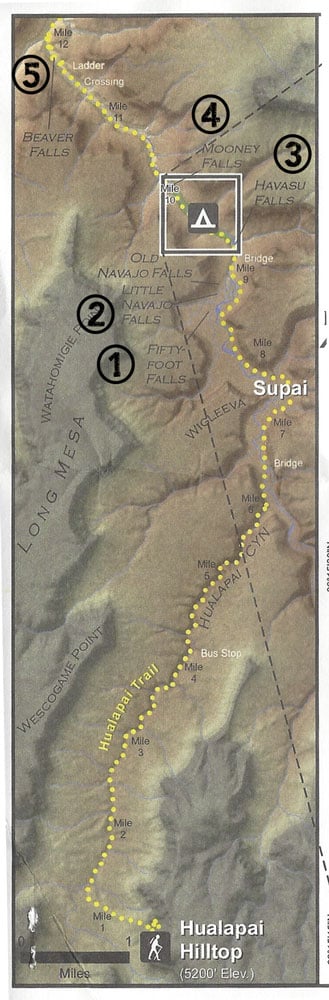 Map of the 5 Waterfalls of Havasu Canyon on Arizona's Havasupai Indian Reservation