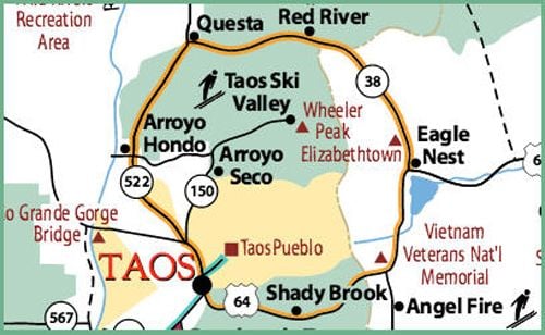 Map of the Enchanted Circle Drive route near Taos, New Mexico