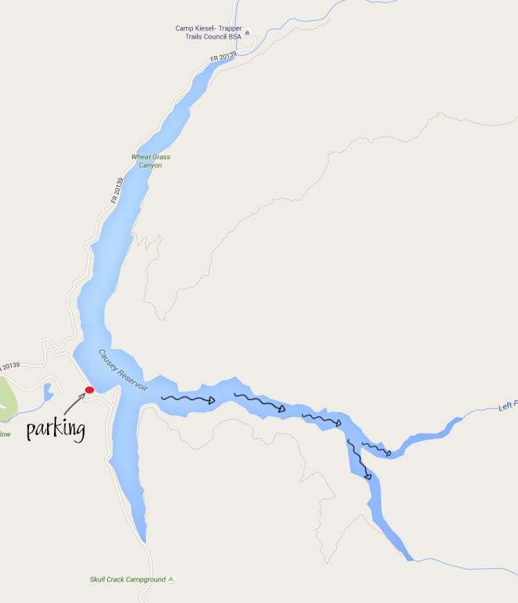 Map of where to stand-up paddle board at the Causey Reservoir near Salt Lake City