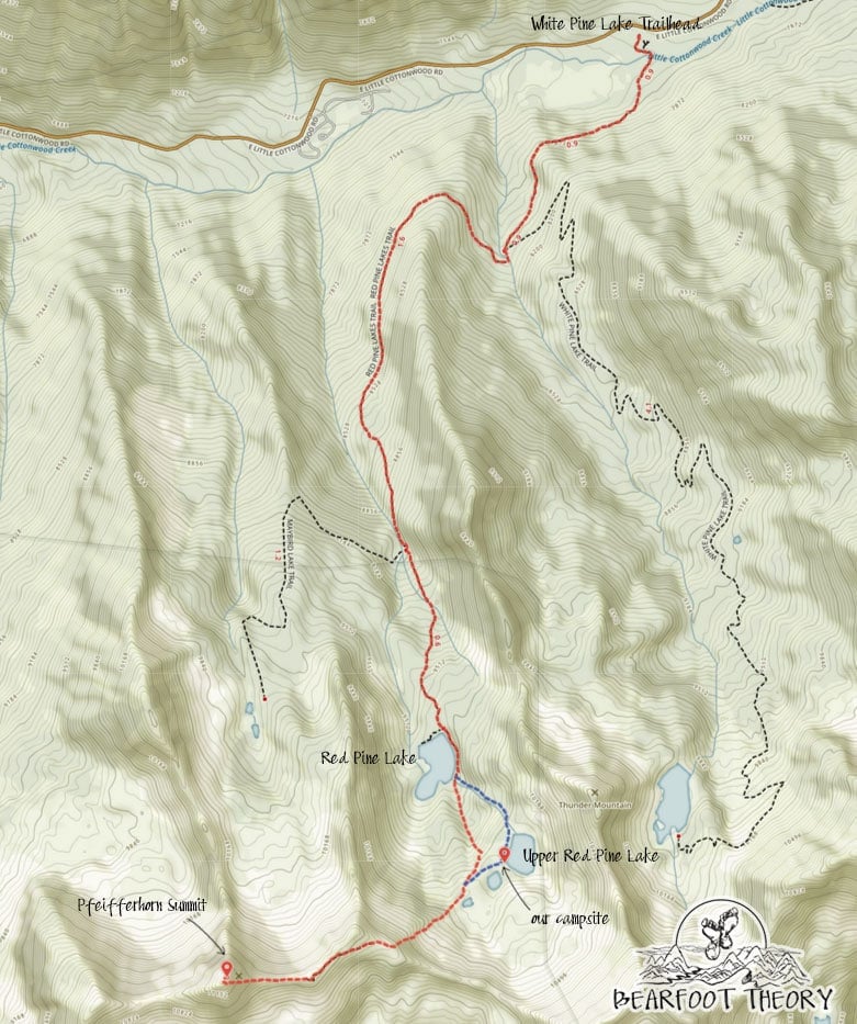 Map of the hiking trails to the summer of Pfeifferhorn in Utah