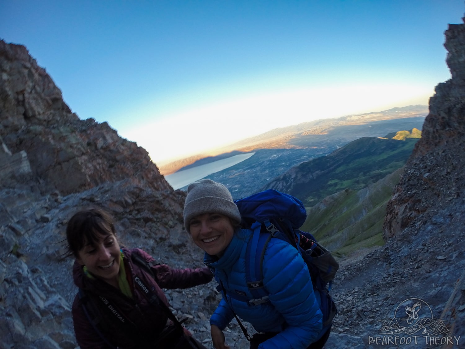 Two women taking selfie while hiking to the summit of Mount Timpanogos at sunrise