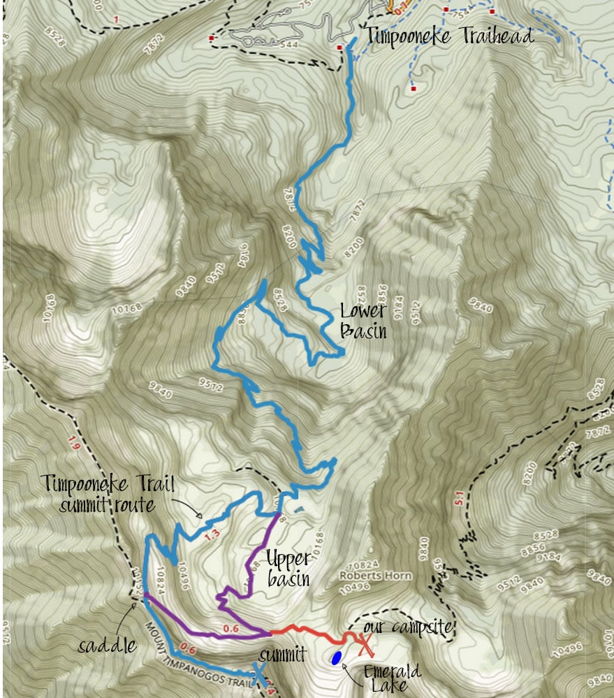 Timpooneke Trail map for the summit of Mount Timpanogos