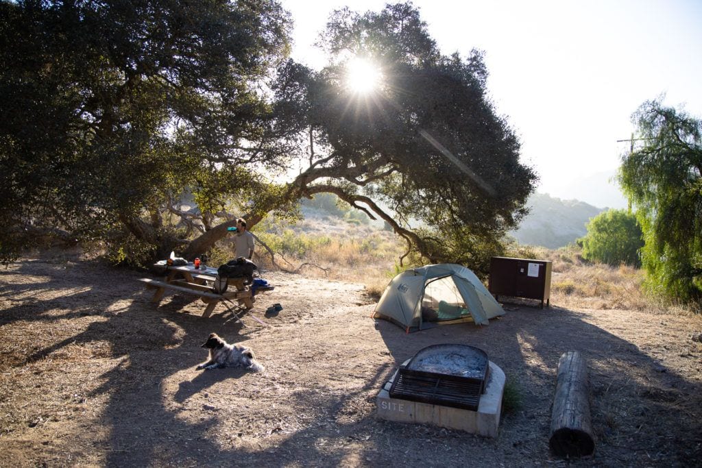 Camp gear set up at Blackjack campsite on Catalina Island