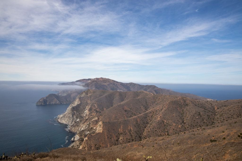 View out over mountainous island peninsula on Catalina Island in California