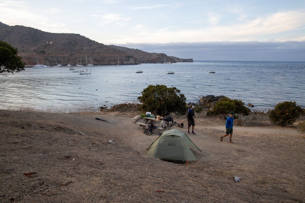 Tent set up in Two Harbors campground on Catalina Island