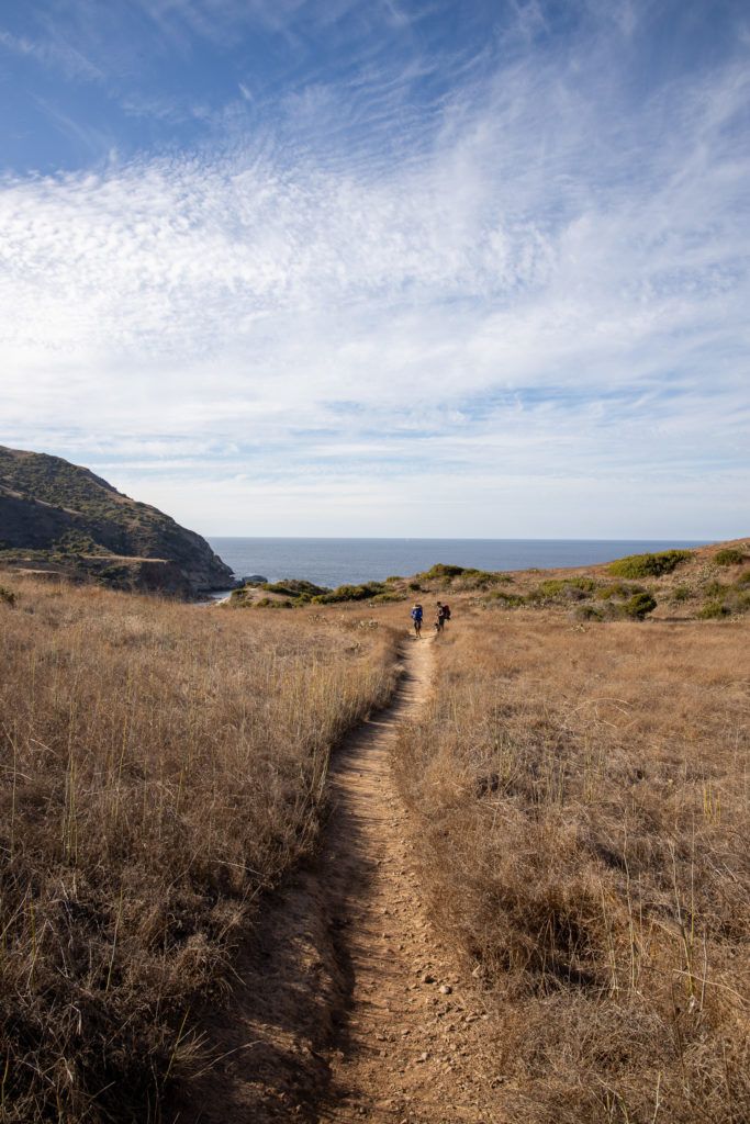 Backpackers on the Trans-Catalina Trail with ocean in background