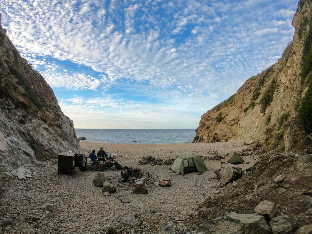 Text set up in secluded cove at Parson's Landing Campground on Catalina Island