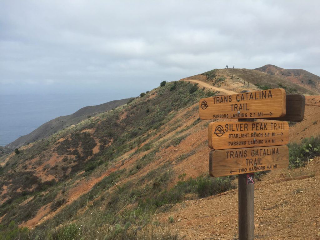 Trail signs on ridge line on the Trans-Catalina Trail on Catalina Island in California