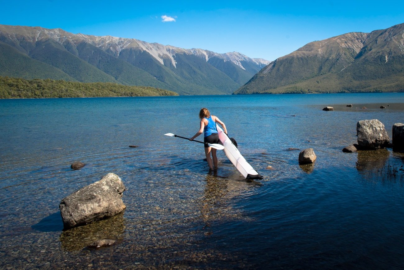 The Bay+ by Oru Kayak is a collapsible kayak that folds down into a box and can be thrown in the backseat of your car. Check out my full Oru Kayak Review and my timelapse video of how it works. This photo is from Lake Rotoiti in Nelson Lakes National Park