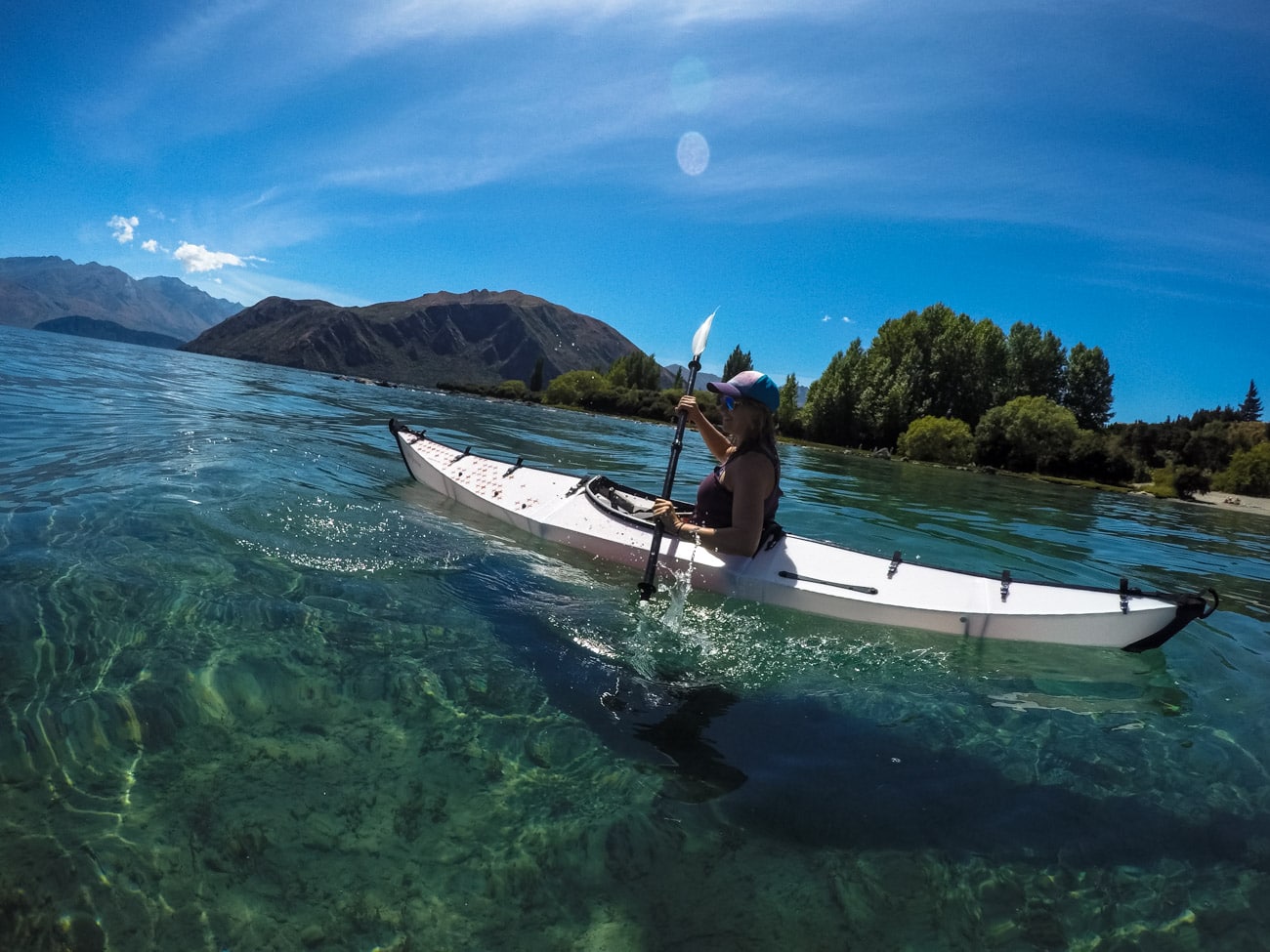 Paddling a portable Oru Kayak on Lake Wanaka in New Zealand