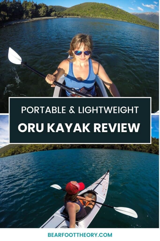 Split graphic with two images of a woman kayaking. Text reads "Portable & Lightweight Oru Kayak Review"