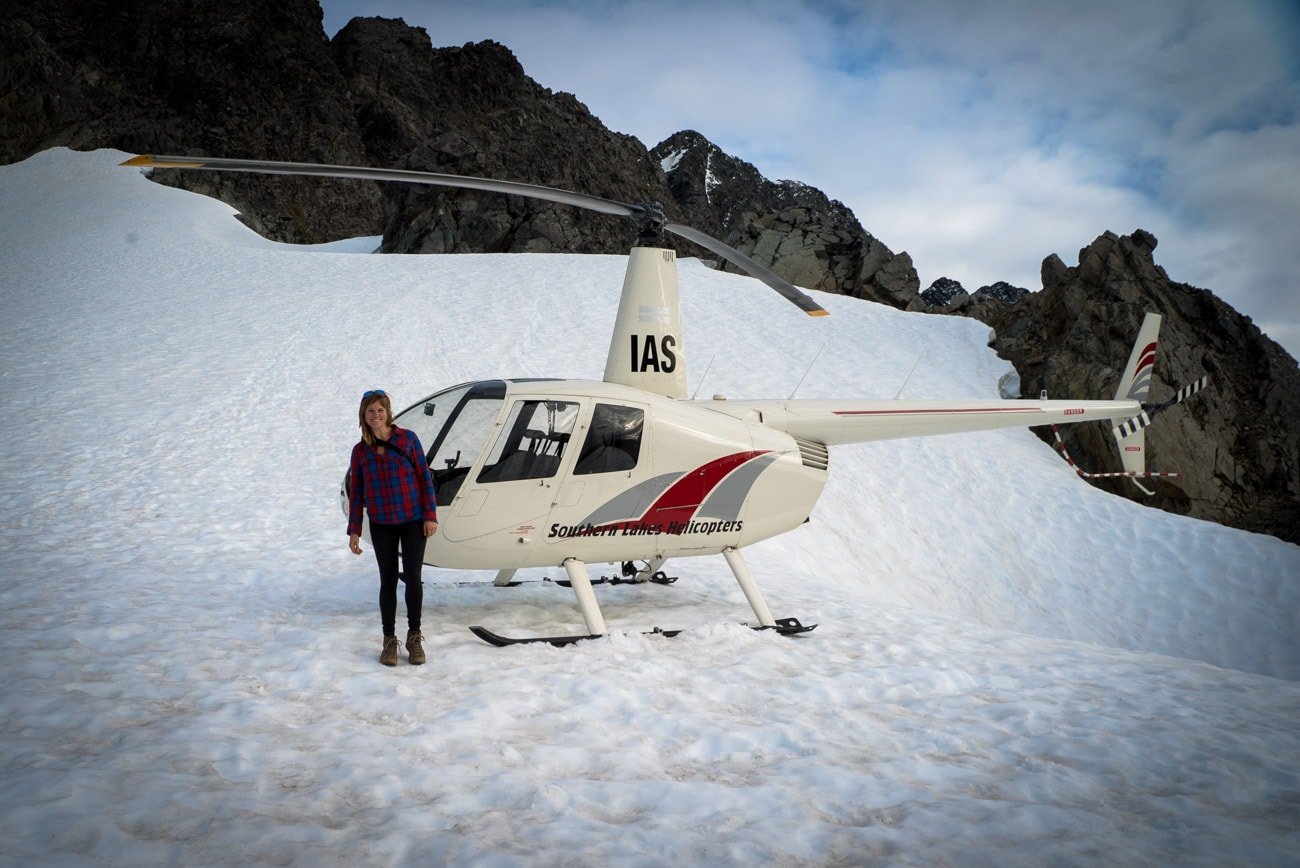 Landing on a glacier near Mount Skelmorlie in New Zealand's Fiordland National Park