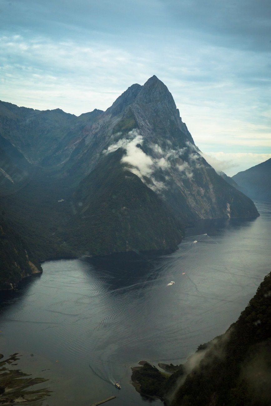 Flying above Mitre Peak, the most recognized peak in New Zealand's Milford Sound