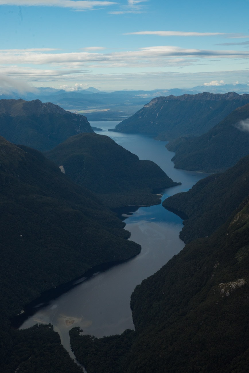 New Zealand's Lake Te Anau from a helicopter