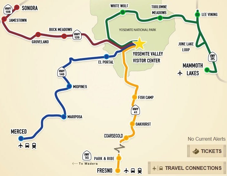 Mammoth Lakes to Yosemite YARTS map