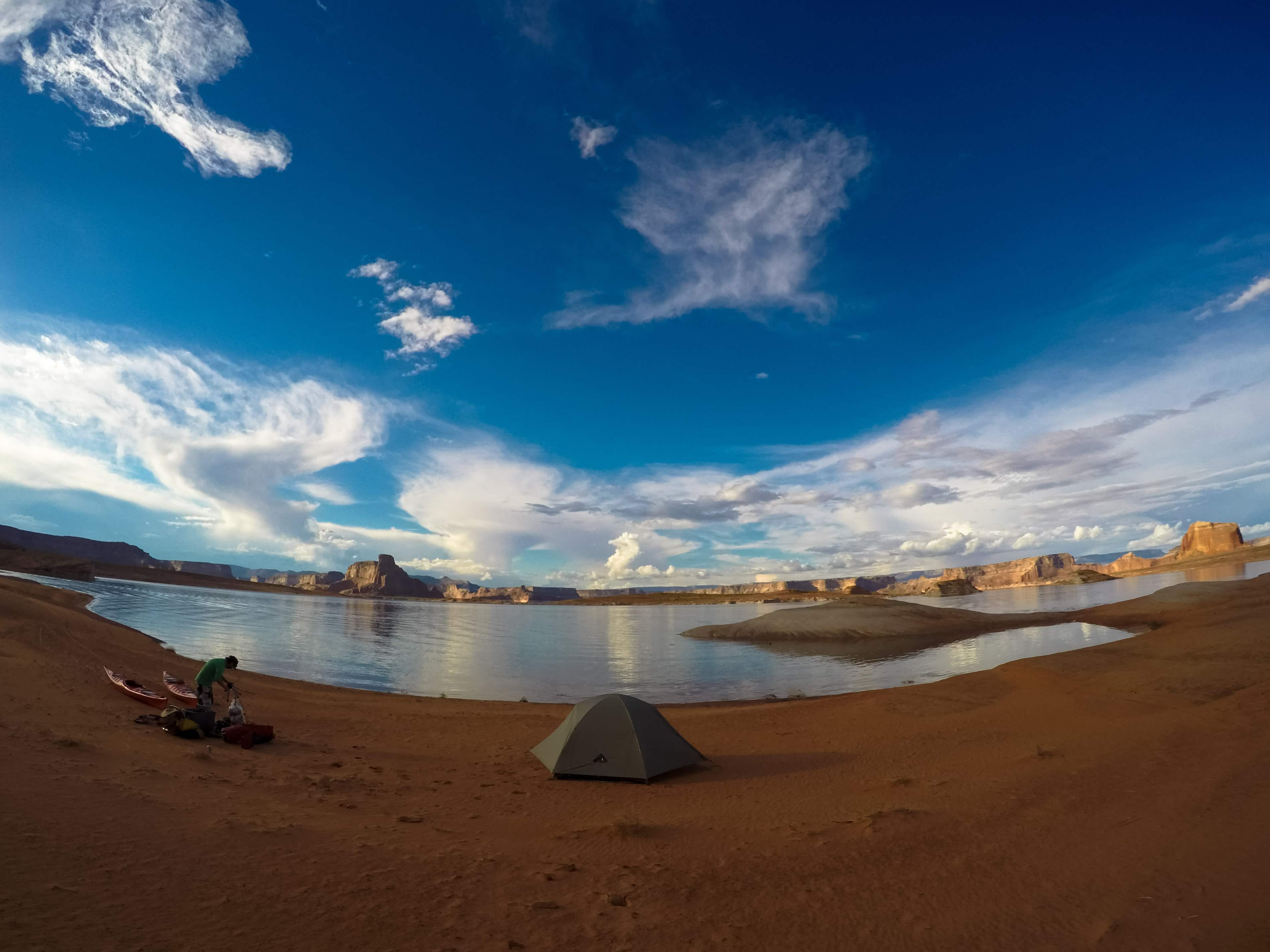 Dispersed kayak camping on beach at Lake Powell in Arizona 