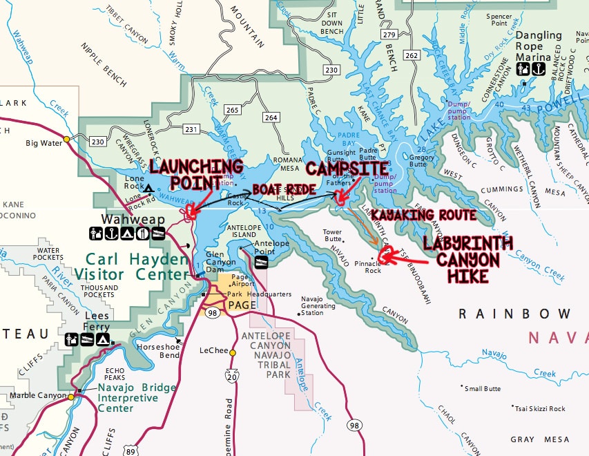Map of my kayaking route to Lake Powell's Labyrinth Canyon