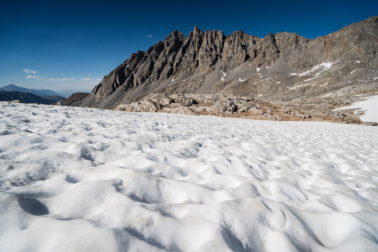 Large patch of snow on Bishop Pass in California's Eastern Sierras