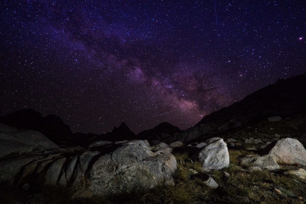 Starry night sky over the Eastern Sierra mountains in California