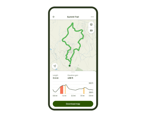 AllTrails+ trail map in phone frame