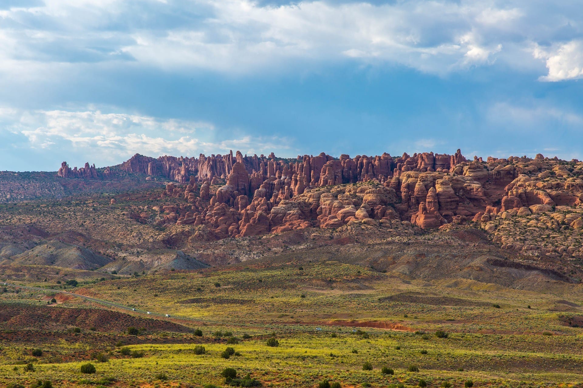 Landscape views of the Fiery Furnace area of Arches National Park with tall red rock sandstone formations