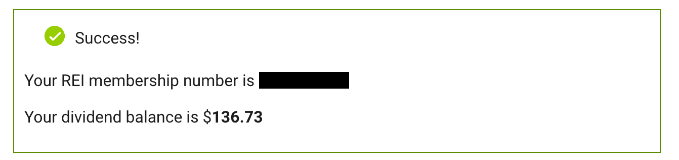 REI screenshot: Success! Your REI membership number is (blank). Your dividend balance is $136.73