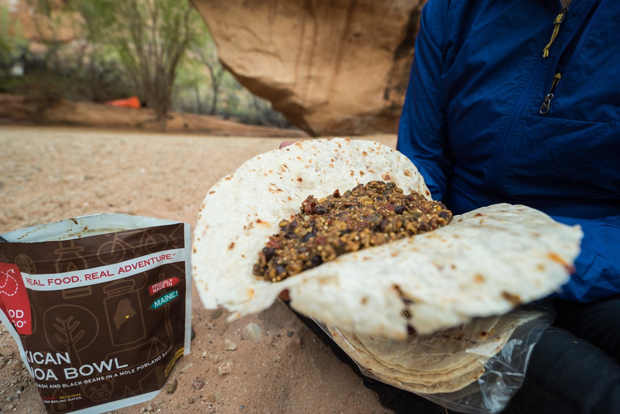 Good To-Go Mexican Quinoa Bowl dehydrated meal served in a tortilla