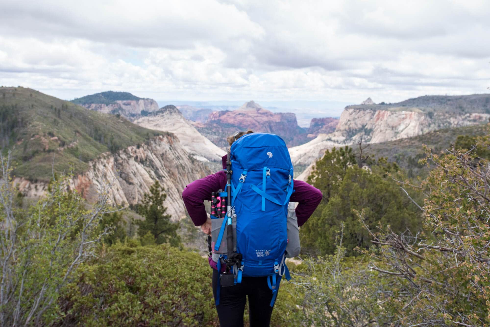 Backpacker wearing a packed backpacking backpack looking out over canyon views