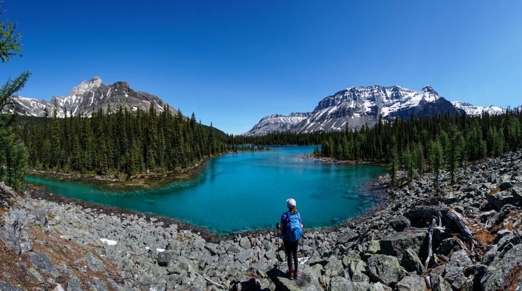 Hiker standing in front of a turquoise blue alpine lake in Yoho National Park, British Columbia