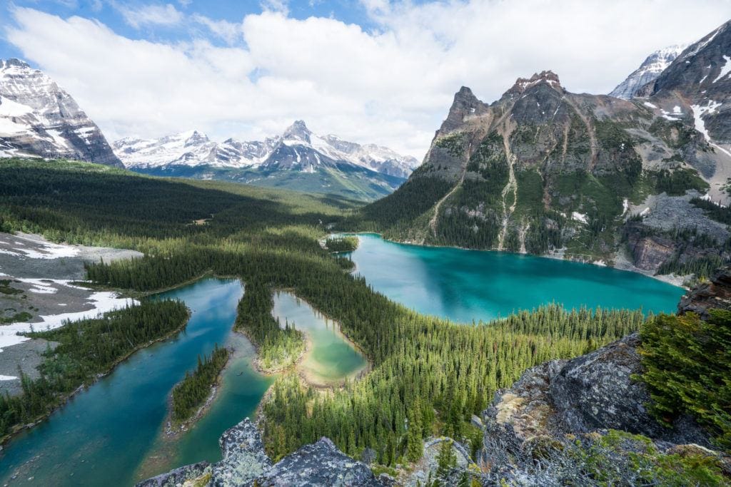 Stunning view of turquoise lakes and snow-capped mountains in Yoho National Park in British Columbia