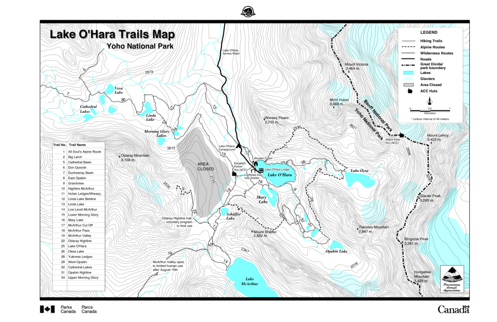 Lake O'Hara Trails Map in Yoho National Park, British Columbia