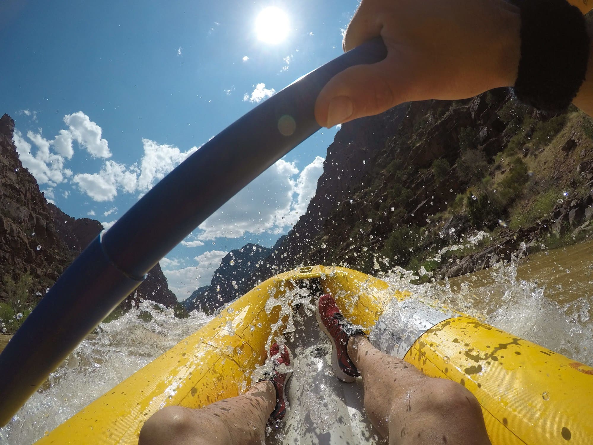 A POV shot of the front of a boat and paddle on OARS Gates of Lodore trip