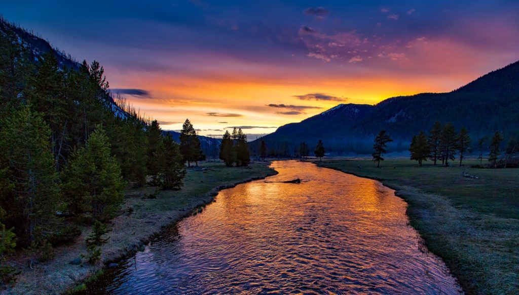 Beautiful sunset over river in Yellowstone National Park