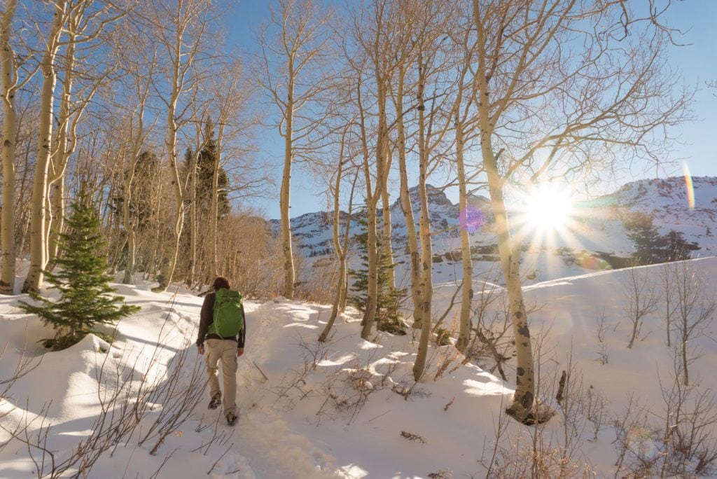 Person hiking on snowy trail through aspen trees as sun drops down over snowy mountain ridge