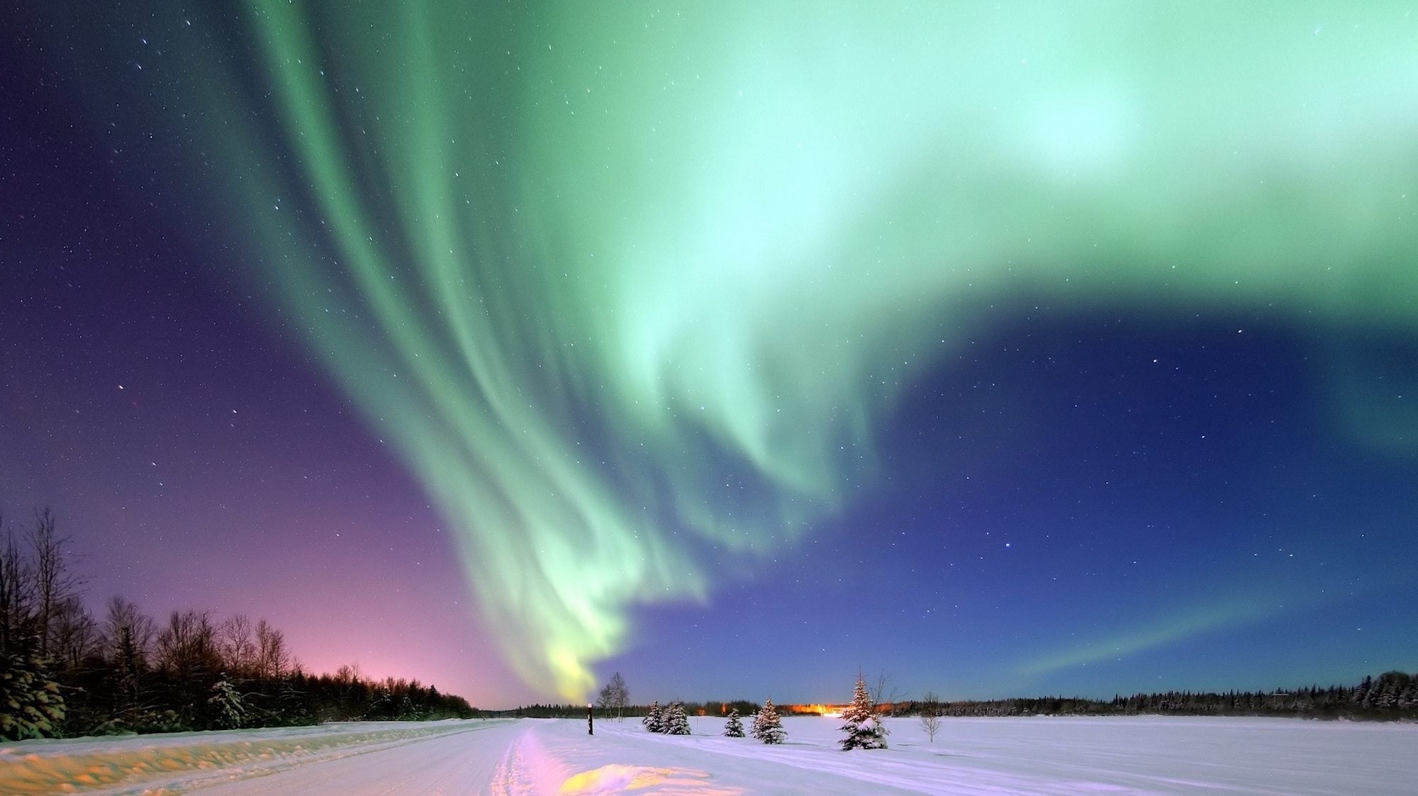 Aurora Borealis in the sky above snowy landscape at night in Alaska