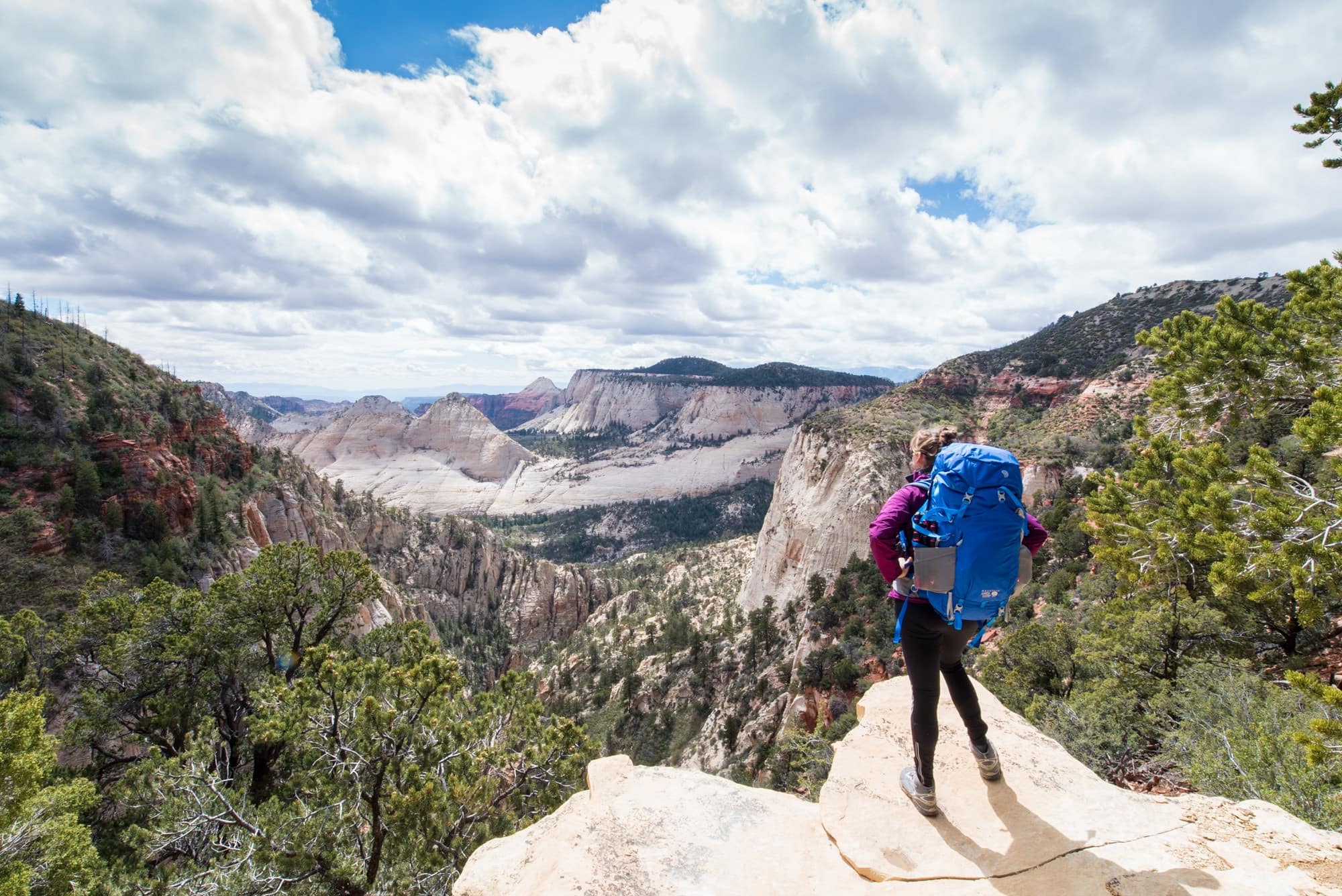 Kristen looking out over scenic vista point wearing loaded backpacking pack 