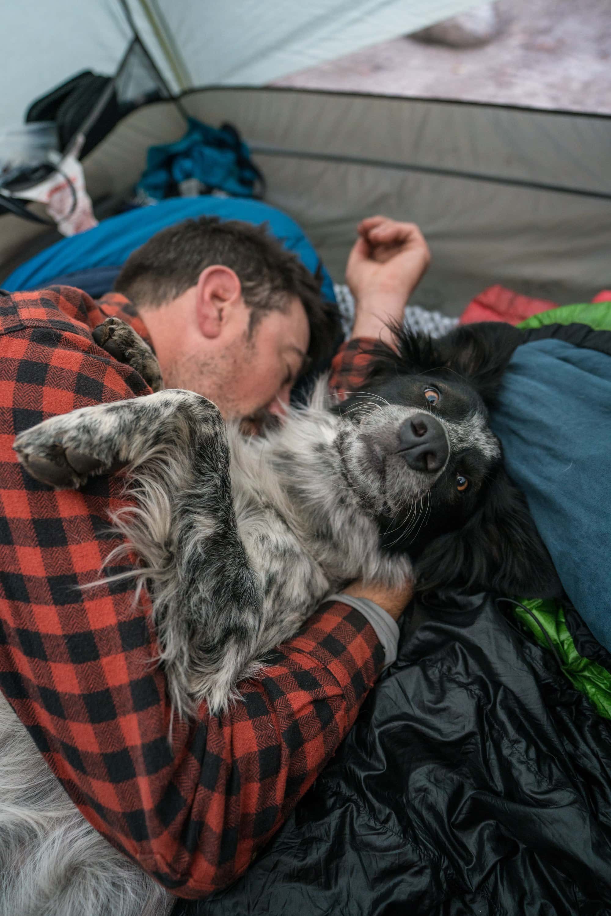 Man snuggling with dog in tent on backpacking trip