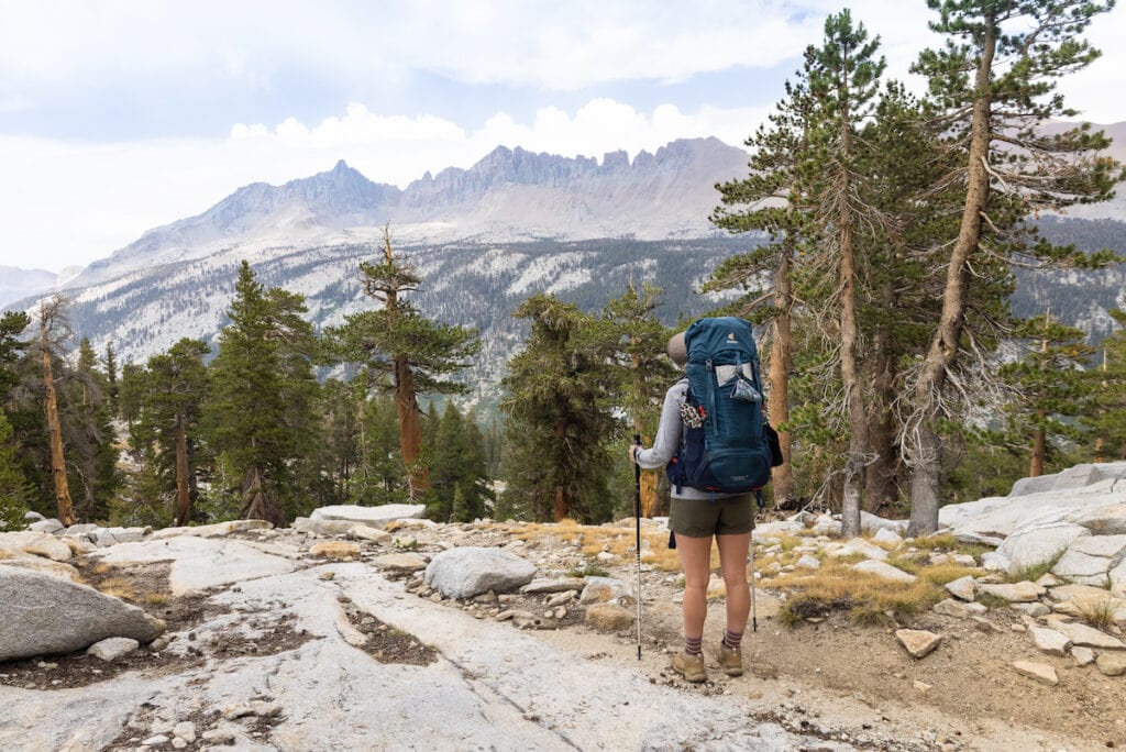 A woman backpacking near Little Five Lakes in Sequoia National Park