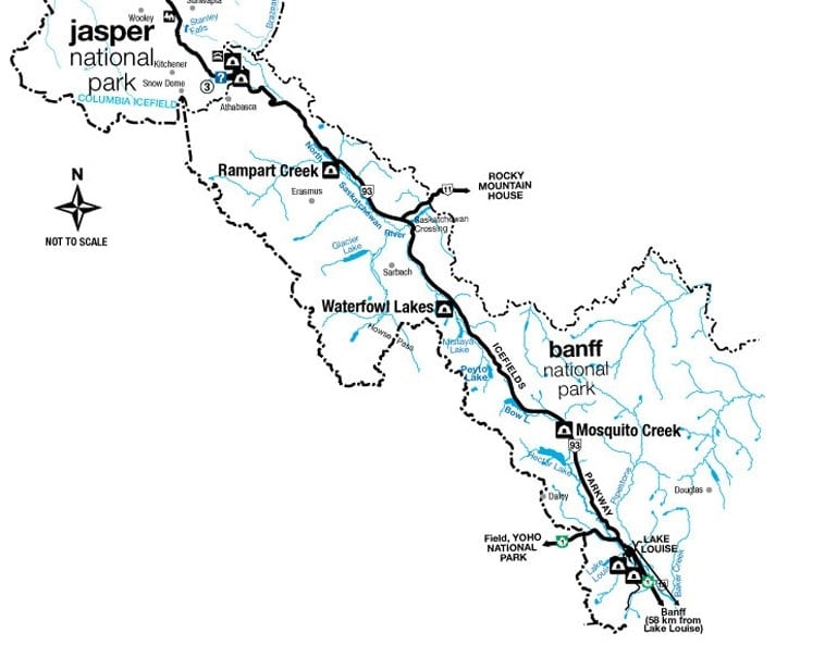 Banff National Park Campgrounds on the Icefields Parkway Map // Get the details on the best Banff, Jasper, & Yoho camping with information on reservations, overflow camping, and convenient places to stay.