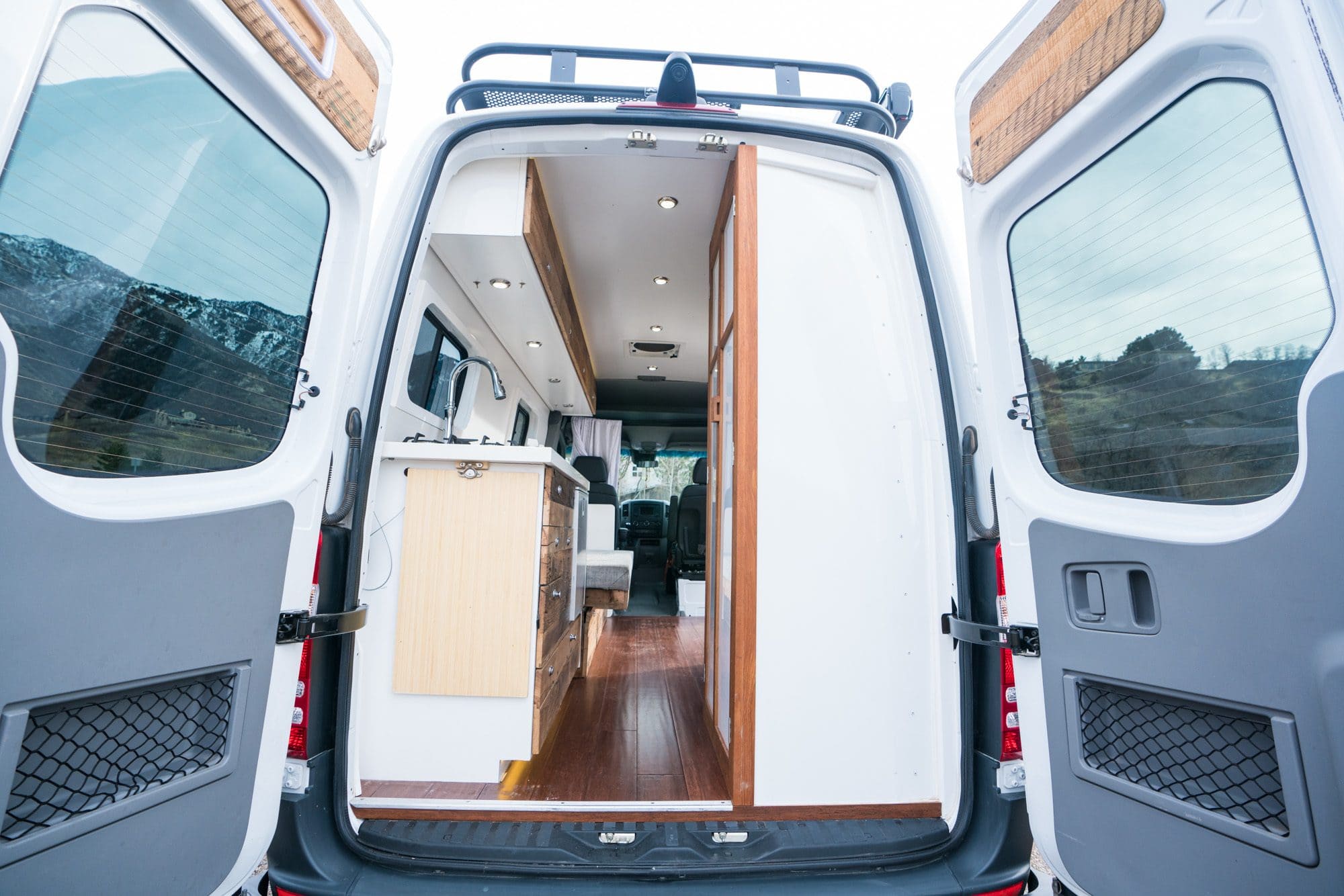 Looking into the rear of a Spriner Van conversion