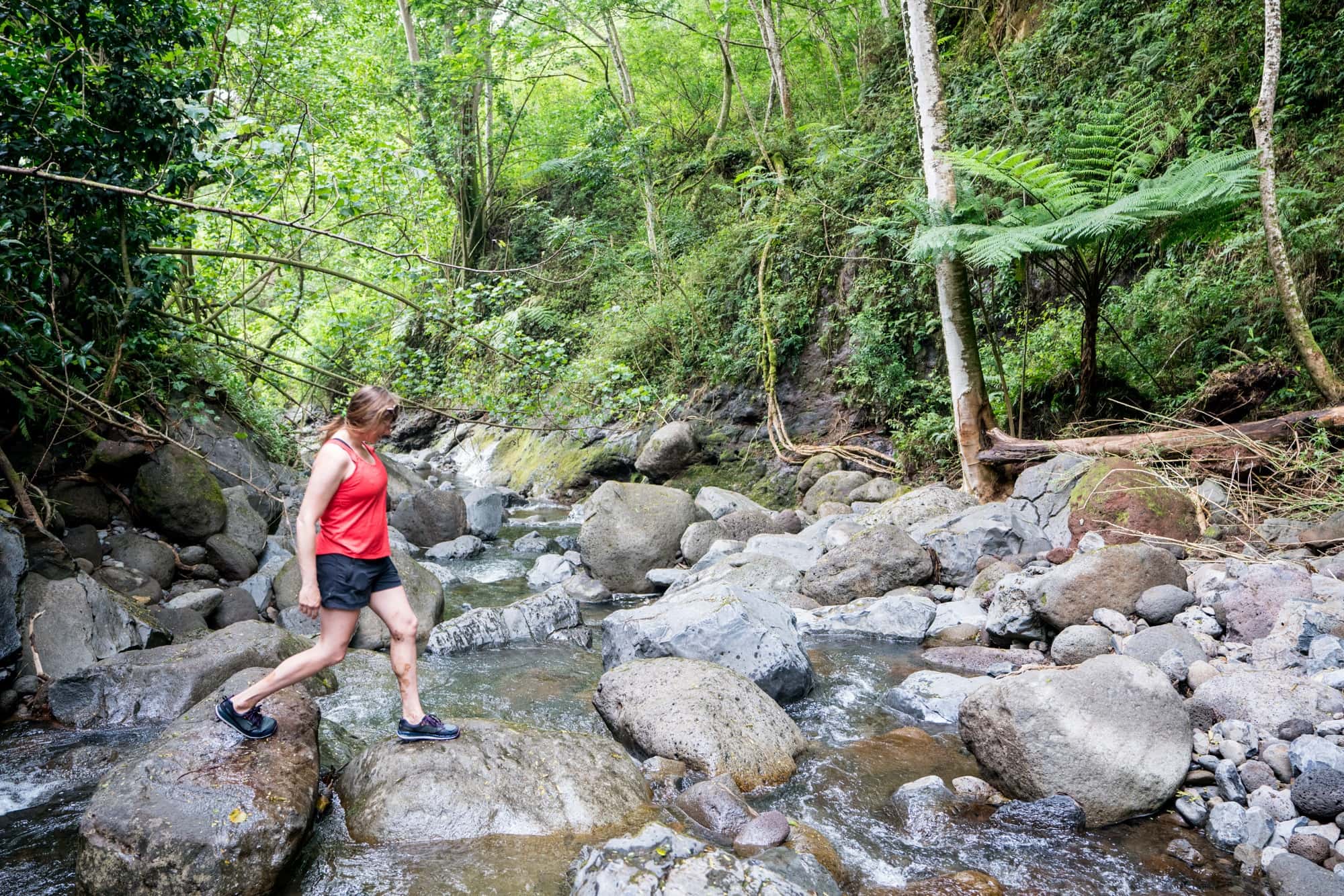 Kristen stepping on large rocks to cross a stream on a hiking trail in Kauai