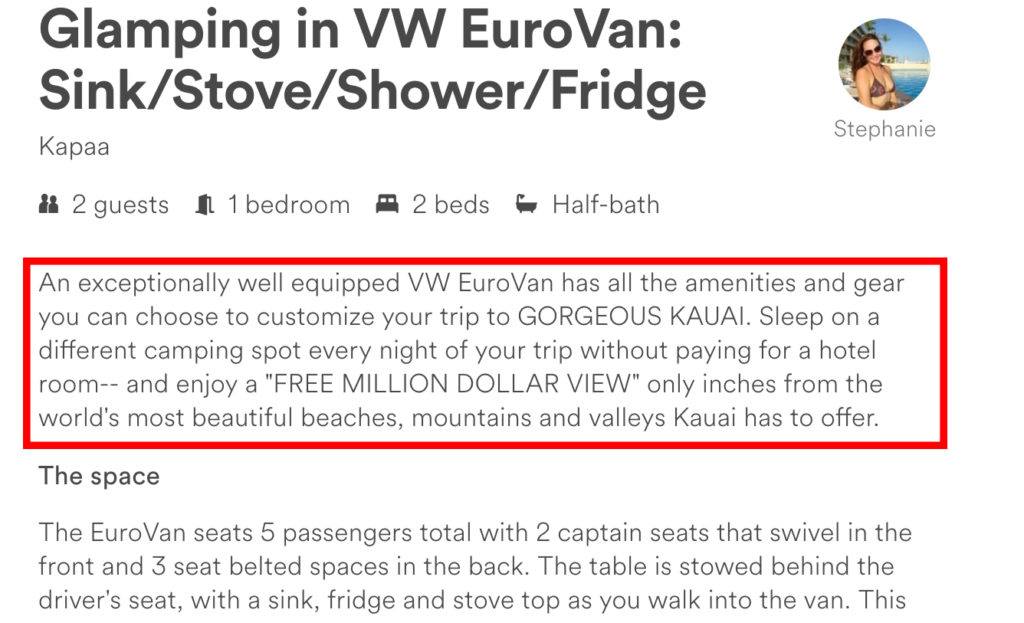 Eurovan Kauai misleading Airbnb listing