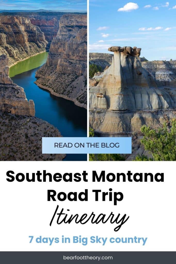 Split image showing a winding river through a canyon on the left and an unusual rock formation under a blue sky on the right. Text says "Southeast Montana Road Trip Itinerary: 7 days in Big Sky Country"