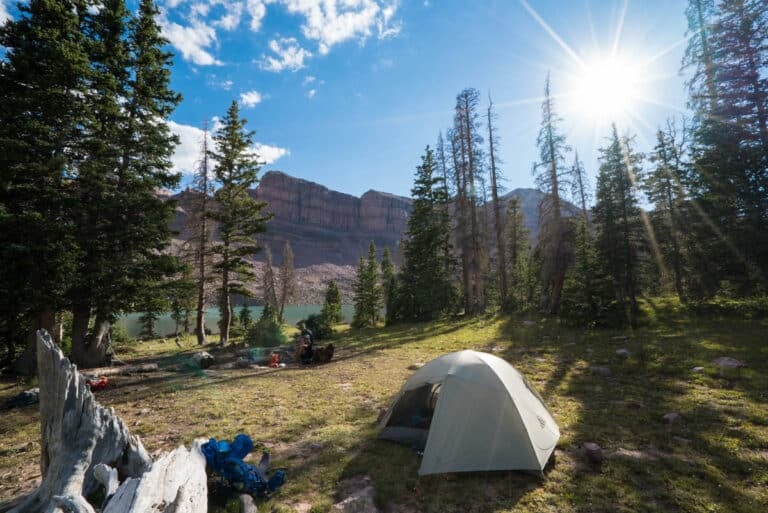 Tent pitched at a backcountry campsite next to a lake