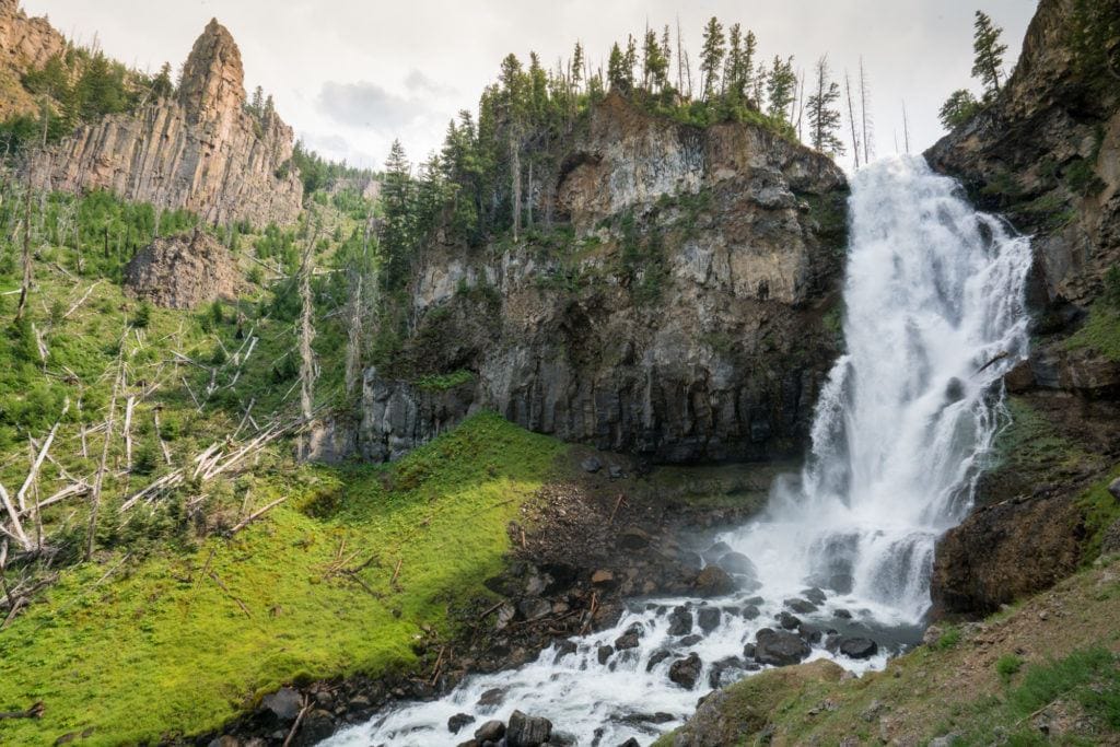 Cascading waterfall surrounded by nature in Yellowstone National Park