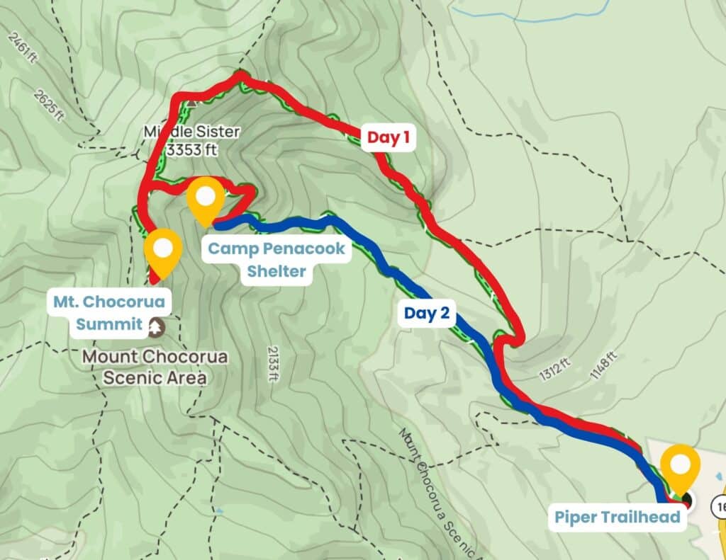 Map of the Carter Ledge Loop backpacking trail with markers showing highlights and daily mileage 