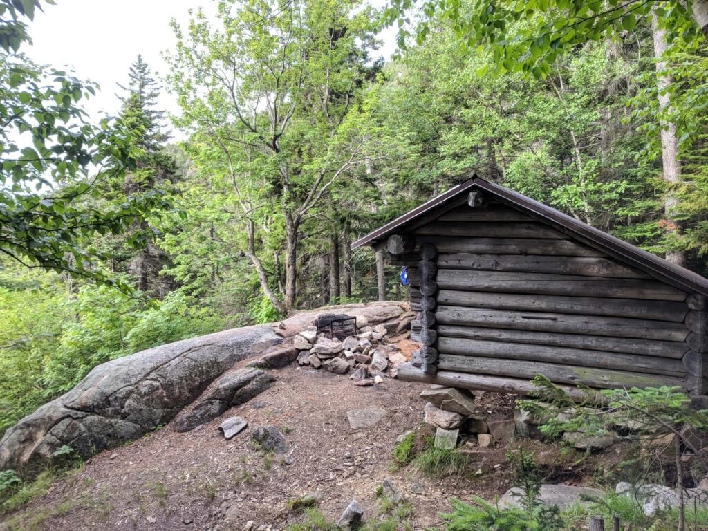 Three sided shelter facing view point on the Carter Ridge Loop in the White Mountains of New Hampshire