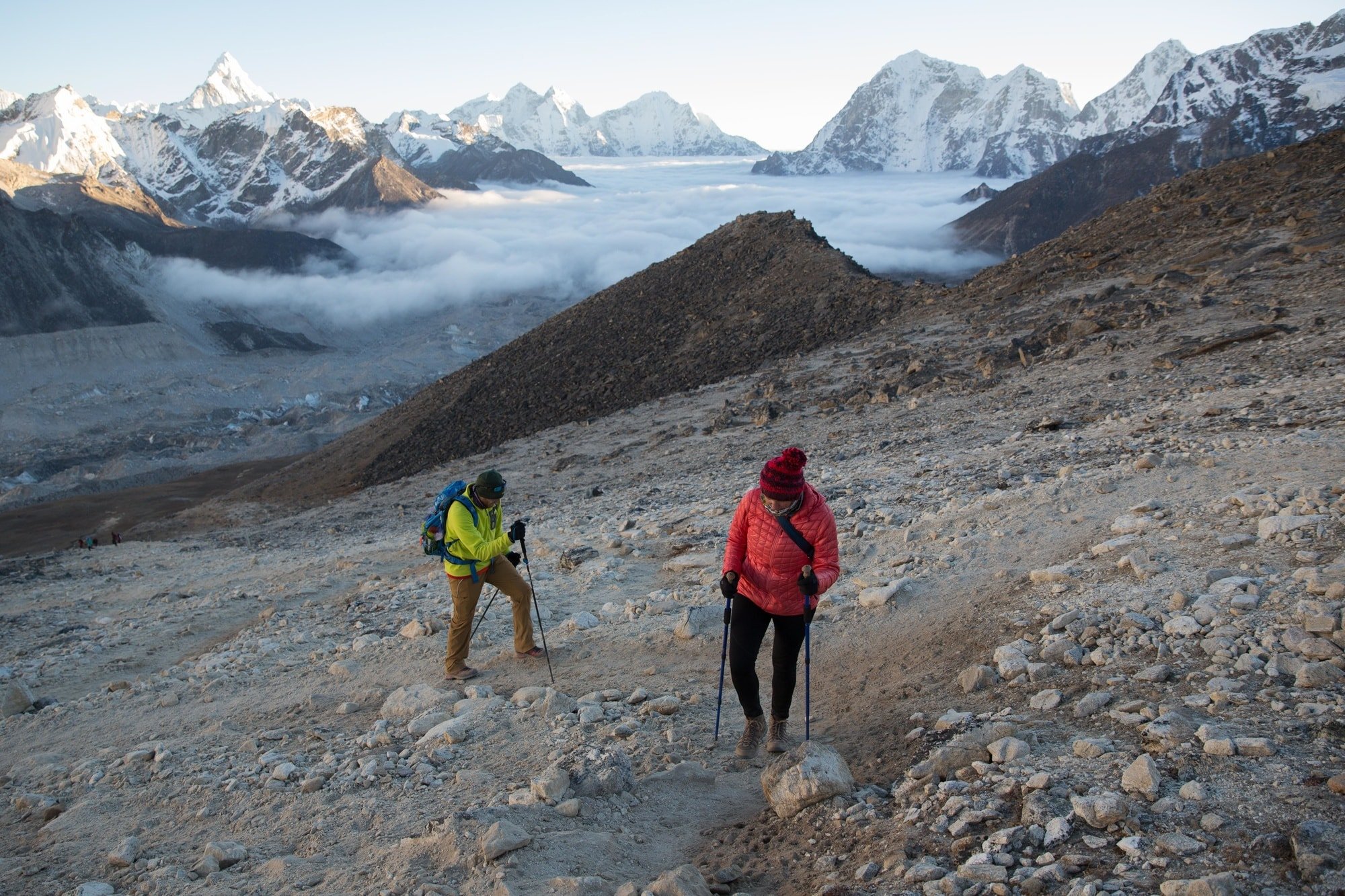 Two hikers ascending to Everest Basecamp in Nepal