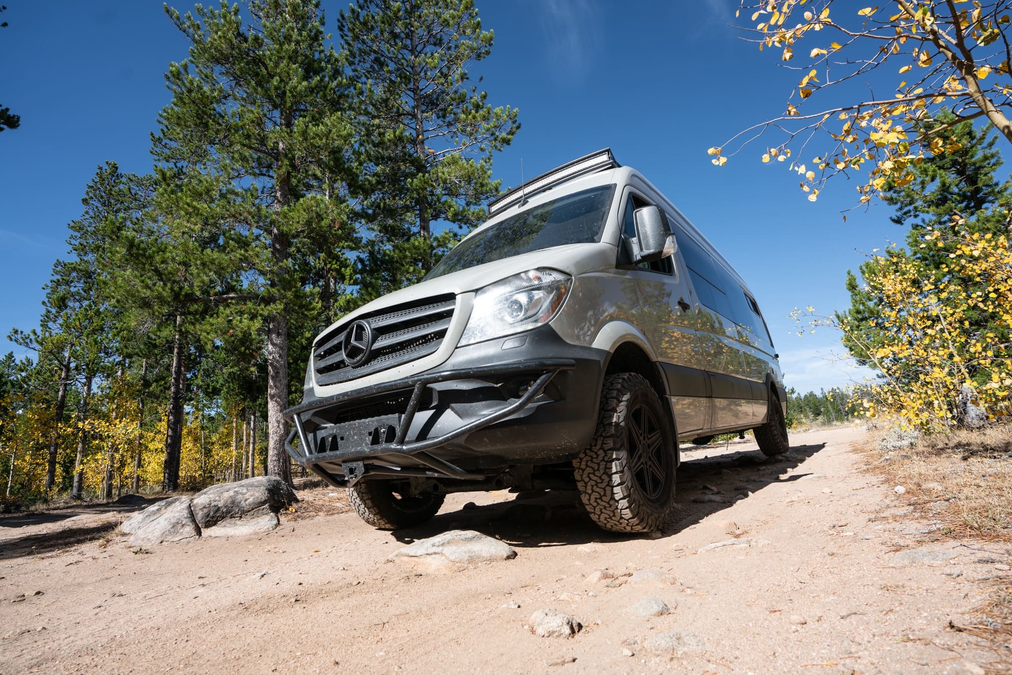 Low to ground shot of Sprinter van on dirt road surrounded by pine trees and blue sky overhead